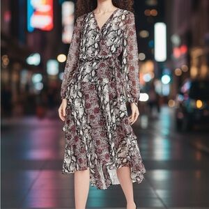 Express Burgundy and Black Snake-Print High-Low Midi Dress